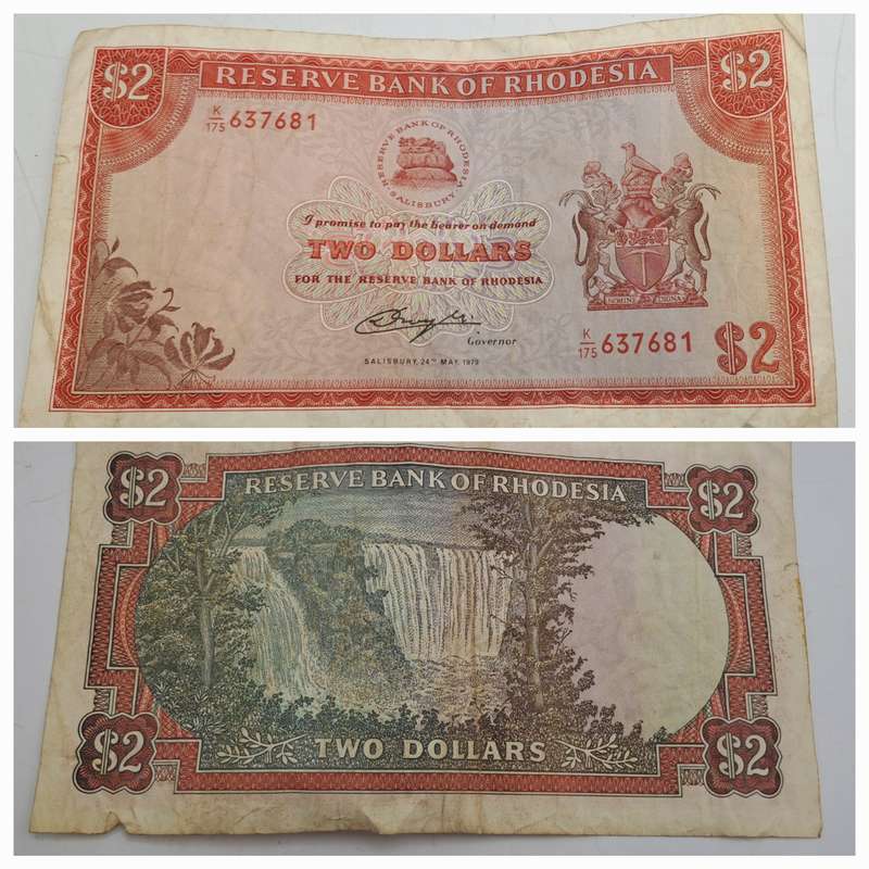 Rhodesia 1979 2 Dollars Circulated - Bird Watermark