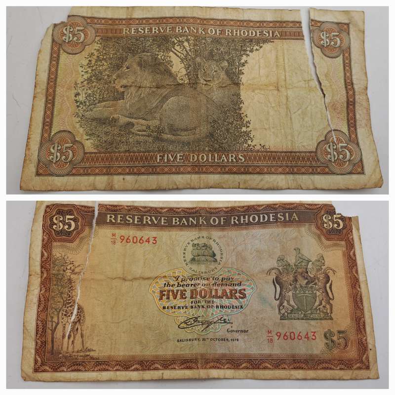 Rhodesia 1978 - 5 Dollars Circulated - Cecil Rhodes watermark - See Condition
