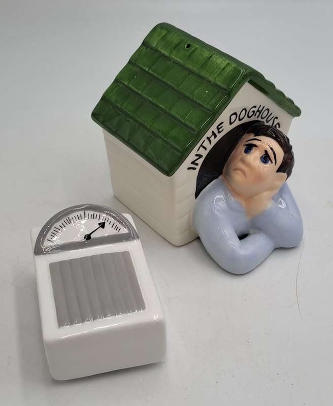 Vintage Clay Art Scale and Man In The Doghouse Salt and Pepper Shaker set