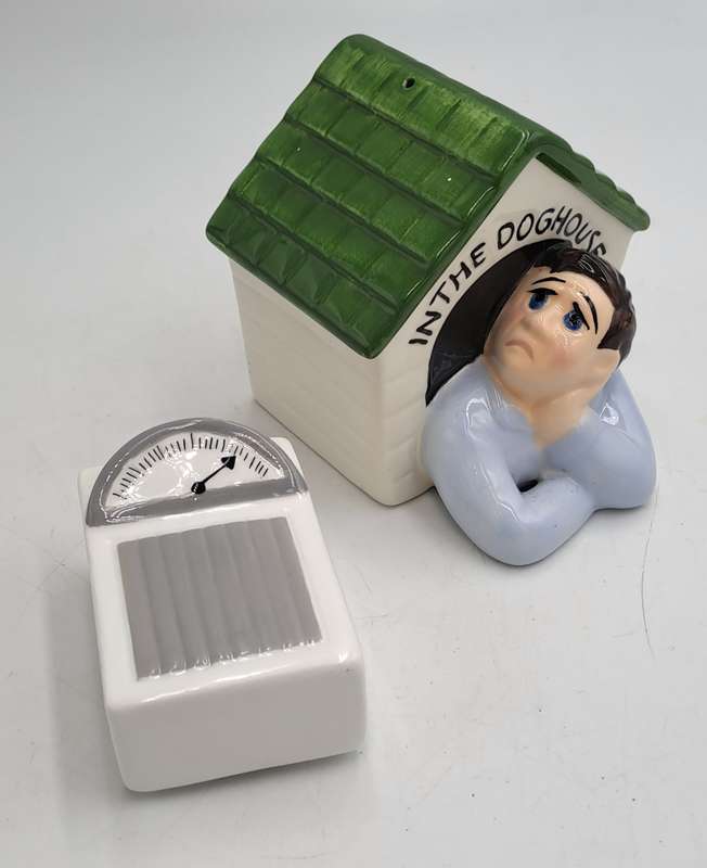 Vintage Clay Art Scale and Man In The Doghouse Salt and Pepper Shaker set