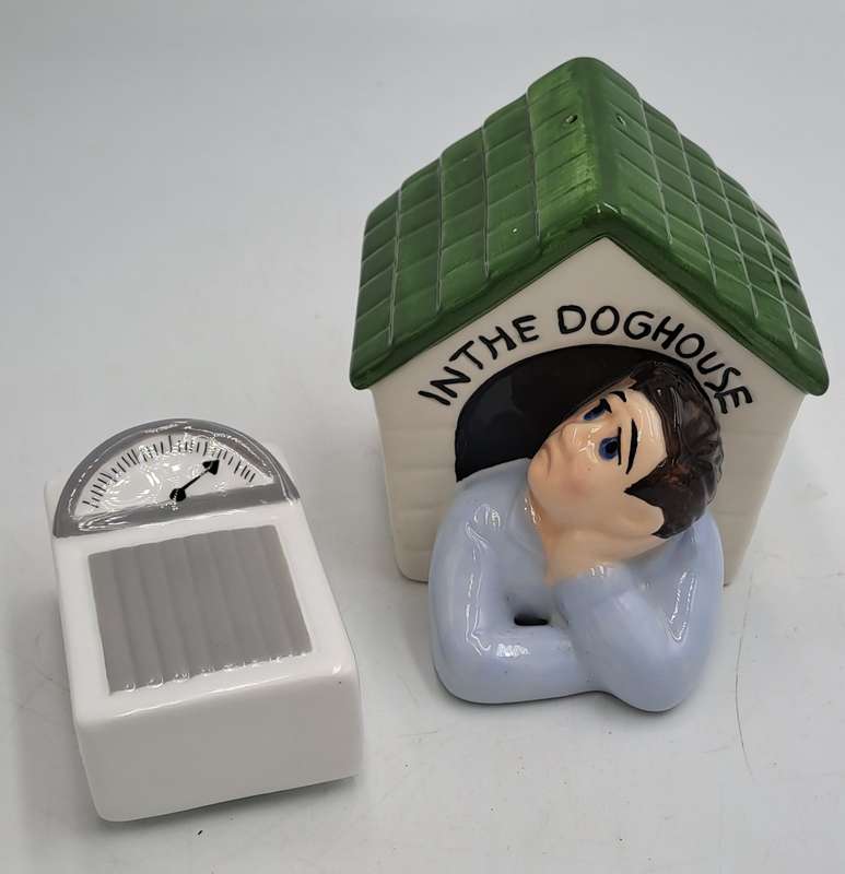Vintage Clay Art Scale and Man In The Doghouse Salt and Pepper Shaker set