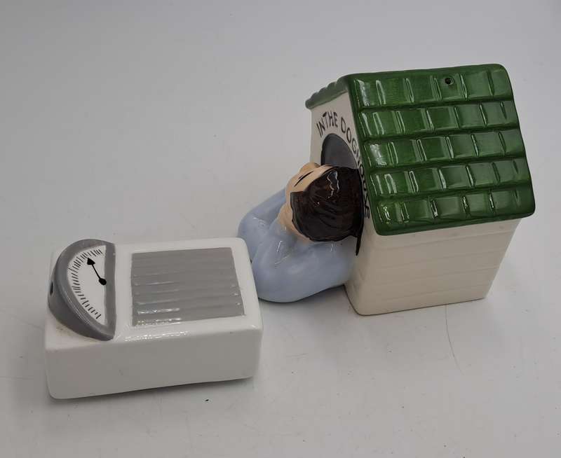 Vintage Clay Art Scale and Man In The Doghouse Salt and Pepper Shaker set