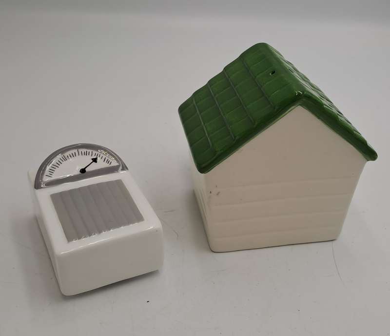 Vintage Clay Art Scale and Man In The Doghouse Salt and Pepper Shaker set