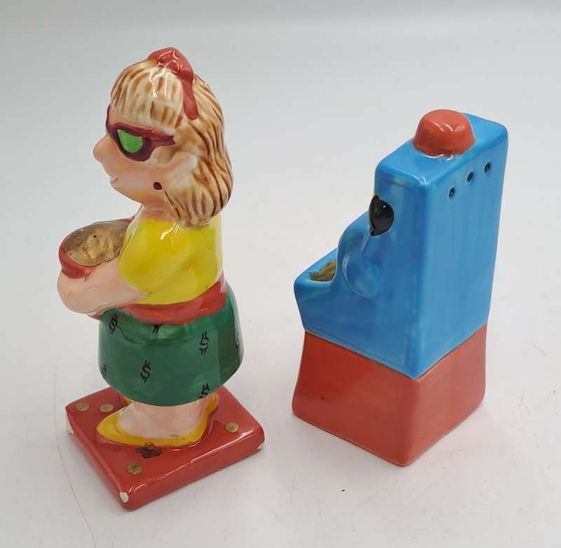 Vintage Omnibus OCI -Woman and Slot Machine Salt and Pepper Shakers -Made in the philippines