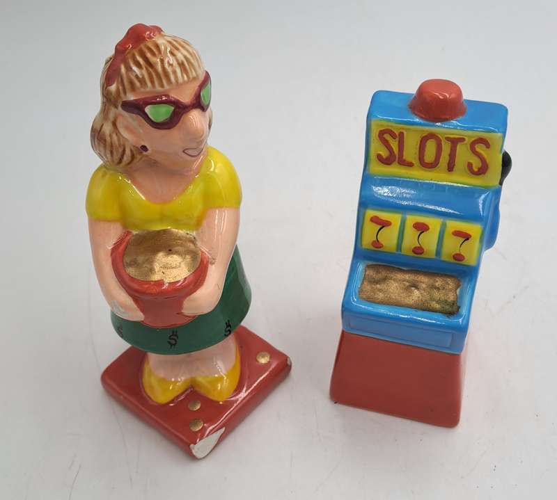 Vintage Omnibus OCI -Woman and Slot Machine Salt and Pepper Shakers -Made in the philippines