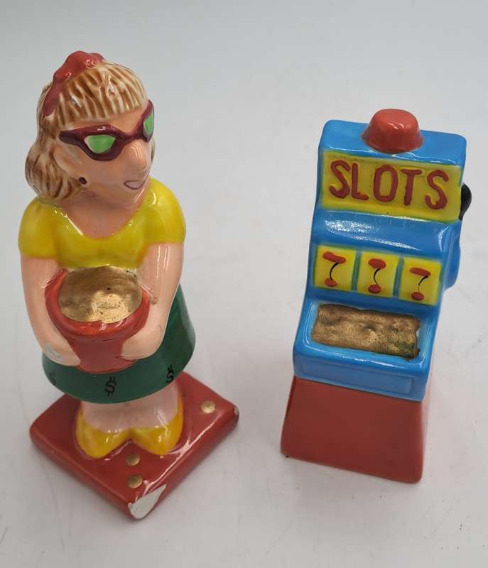 Vintage Omnibus OCI -Woman and Slot Machine Salt and Pepper Shakers -Made in the philippines