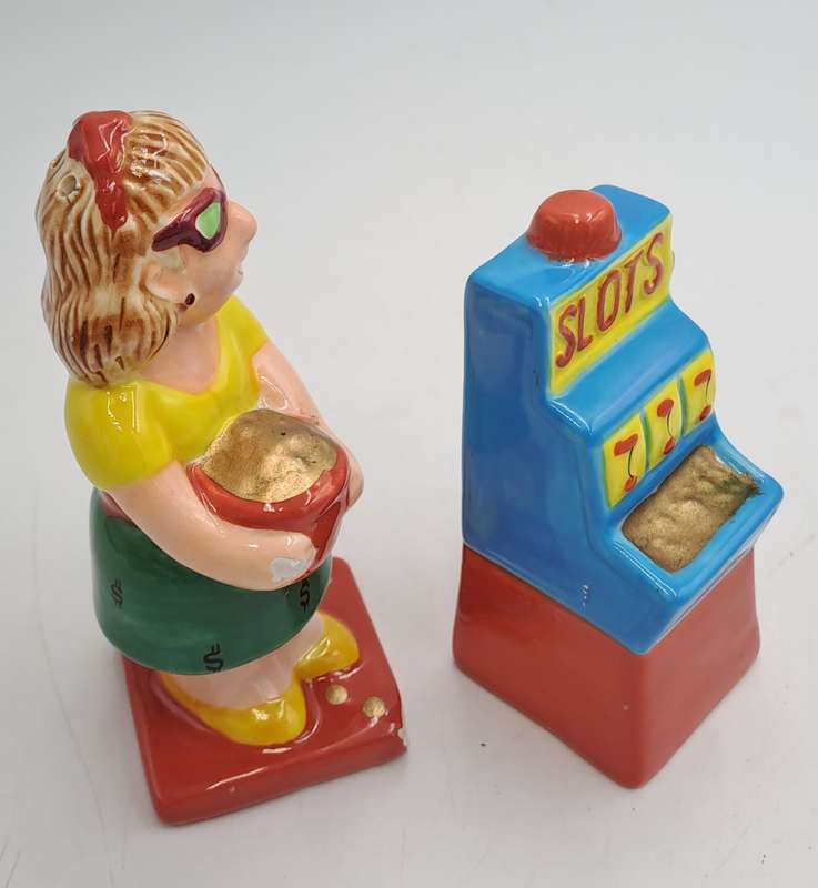 Vintage Omnibus OCI -Woman and Slot Machine Salt and Pepper Shakers -Made in the philippines