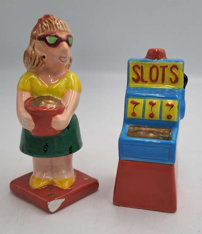 Vintage Omnibus OCI -Woman and Slot Machine Salt and Pepper Shakers -Made in the philippines