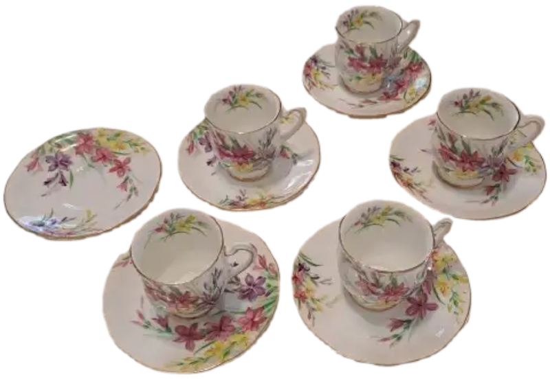 1950`s Royal Standard Garden Glory Demitasse 5 Cups ,6 Saucers (1 Cup chipped and 1 hairline Crack)