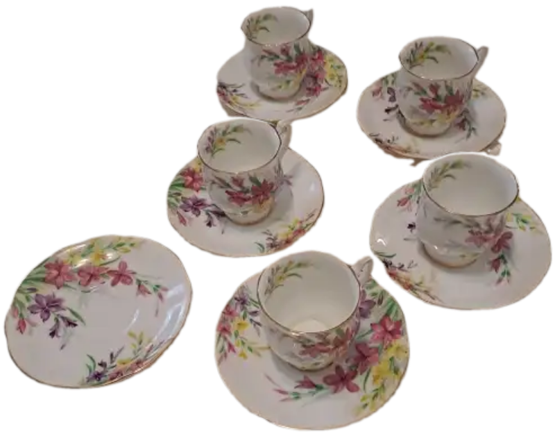 1950`s Royal Standard Garden Glory Demitasse 5 Cups ,6 Saucers (1 Cup chipped and 1 hairline Crack)