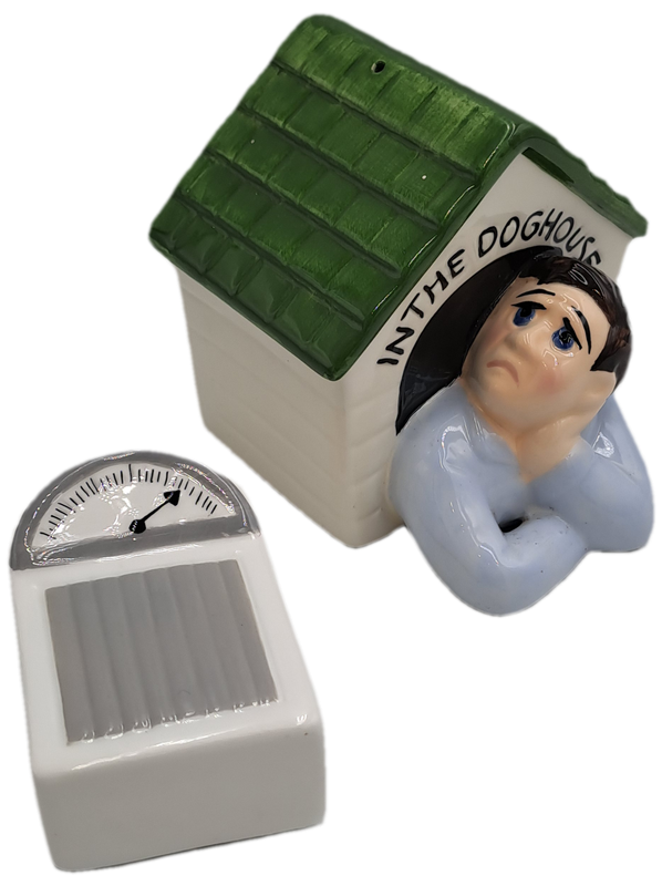 Vintage Clay Art Scale and Man In The Doghouse Salt and Pepper Shaker set