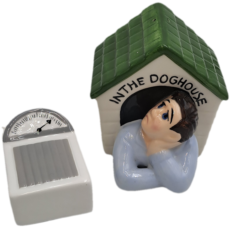 Vintage Clay Art Scale and Man In The Doghouse Salt and Pepper Shaker set