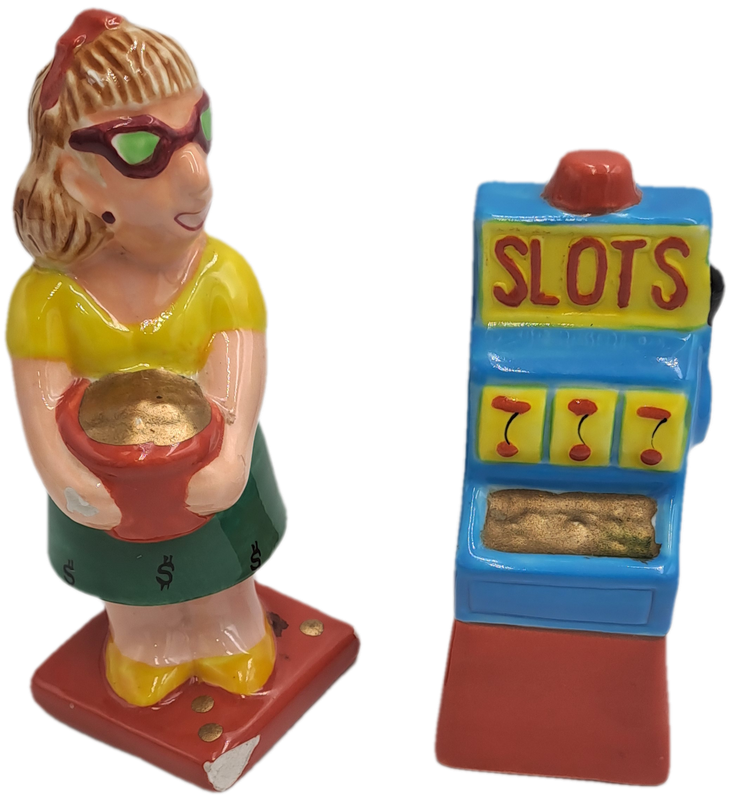 Vintage Omnibus OCI -Woman and Slot Machine Salt and Pepper Shakers -Made in the philippines