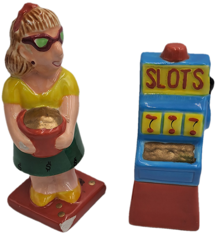 Vintage Omnibus OCI -Woman and Slot Machine Salt and Pepper Shakers -Made in the philippines