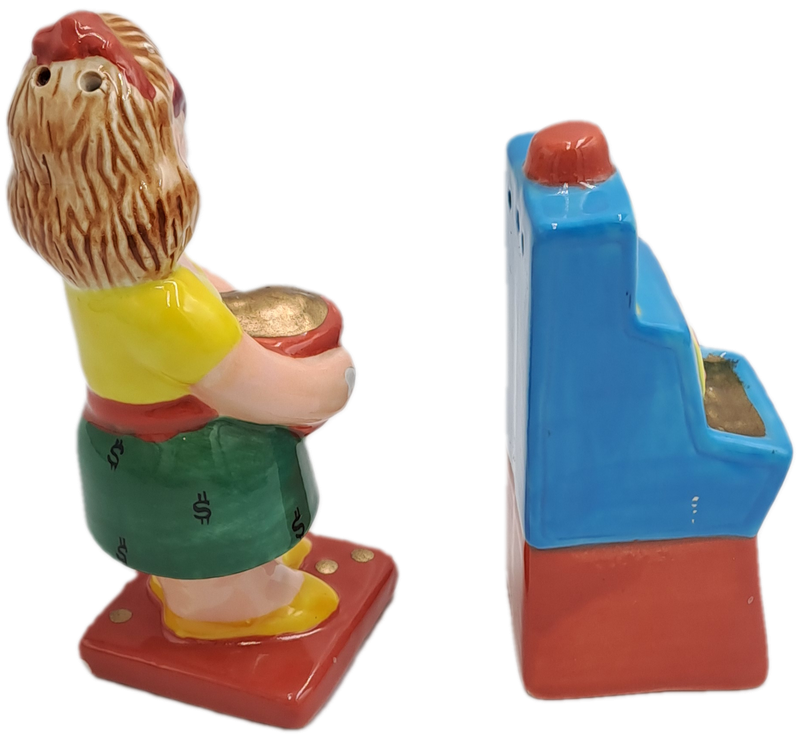 Vintage Omnibus OCI -Woman and Slot Machine Salt and Pepper Shakers -Made in the philippines