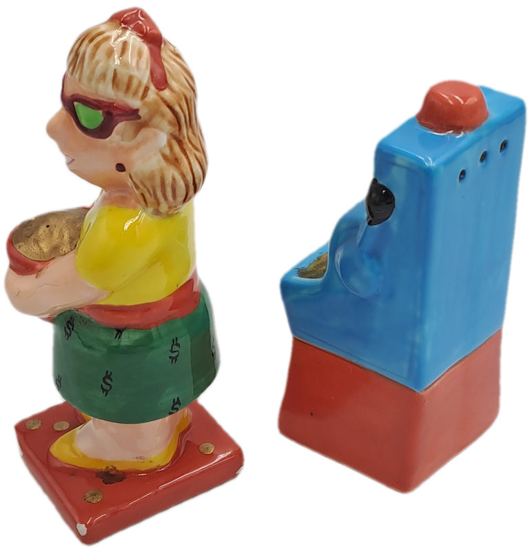 Vintage Omnibus OCI -Woman and Slot Machine Salt and Pepper Shakers -Made in the philippines