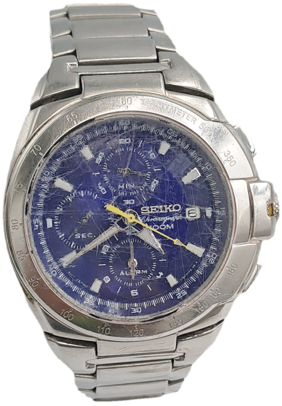 Pre-owned Seiko Chronograph Mens Quartz watch with Blue Dial -working -Crystal Badly scratched