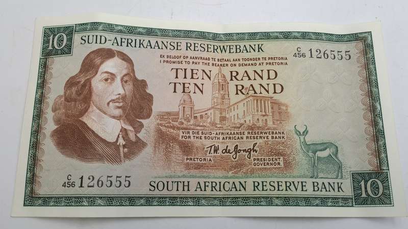 1975-1976 South Africa 10 Rand Note -Afrikaans -English TW de Jongh