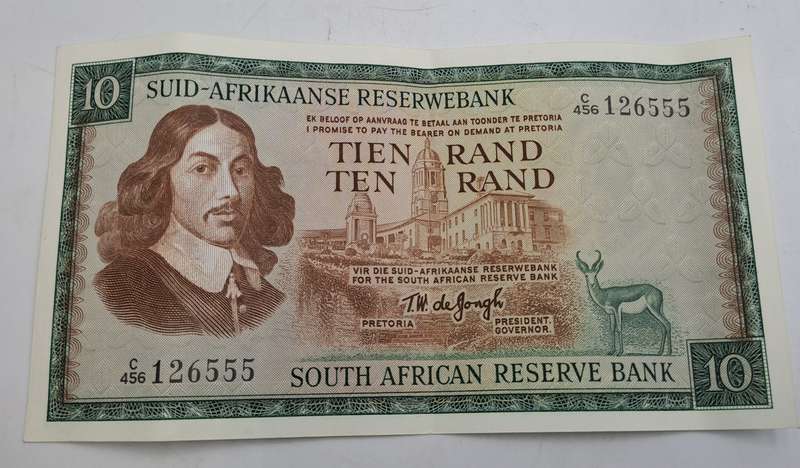 1975-1976 South Africa 10 Rand Note -Afrikaans -English TW de Jongh