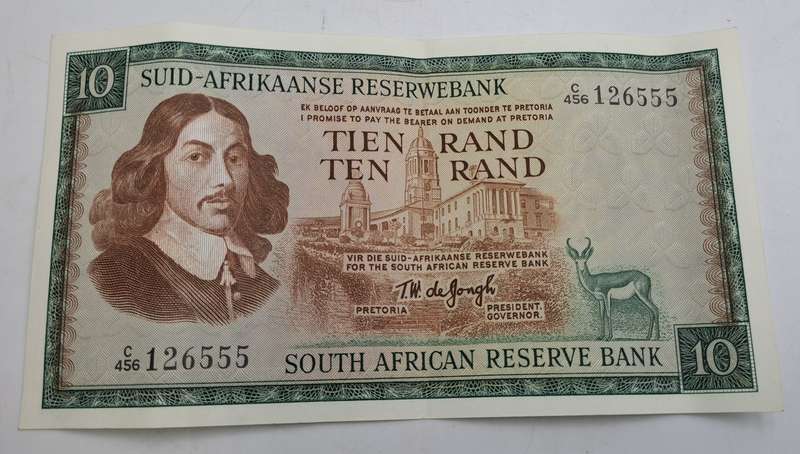 1975-1976 South Africa 10 Rand Note -Afrikaans -English TW de Jongh
