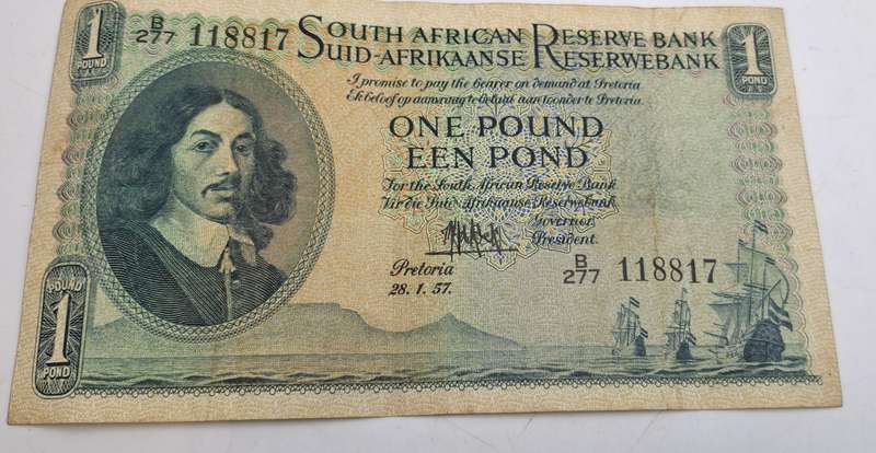 1957 South Africa  1 Pound Note -English-Afrikaans -M.H de Kock