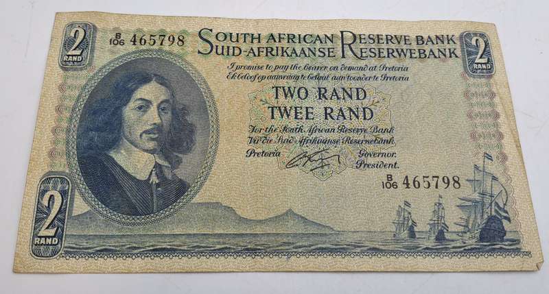1962 South Africa  2 Rand Note Afrikaans -English -G Rissik