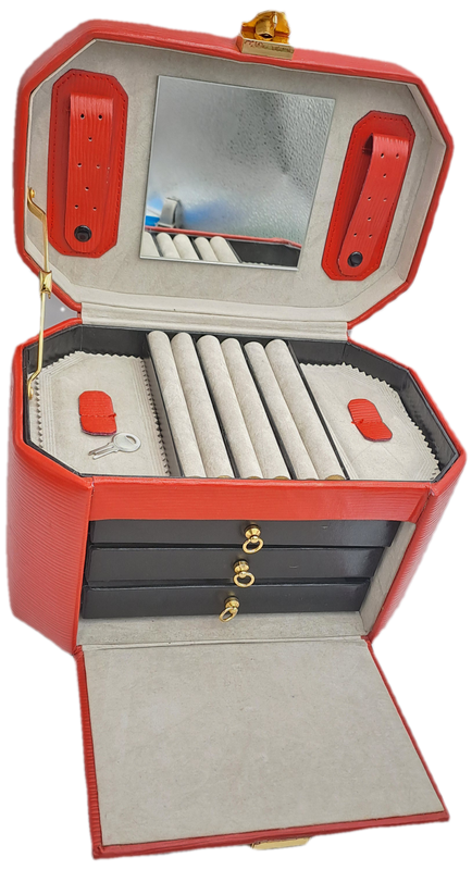 Portable Genuine Leather Jewelry box with Key -3 Draws