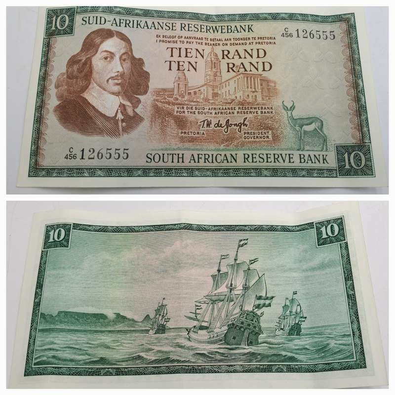1975-1976 South Africa 10 Rand Note -Afrikaans -English TW de Jongh