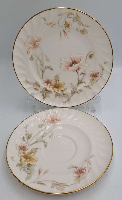 Vintage Gorham TRELLIS Fine China Tea Trio 24kt Gold Hand Banded Japan-Mint -CUP CHIPPED