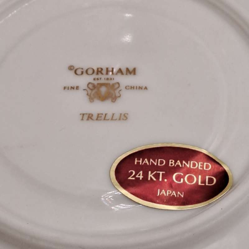 Vintage Gorham TRELLIS Fine China Tea Trio 24kt Gold Hand Banded Japan-Mint -CUP CHIPPED