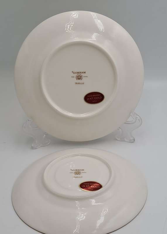 Vintage Gorham TRELLIS Fine China Tea Trio 24kt Gold Hand Banded Japan-Mint -CUP CHIPPED