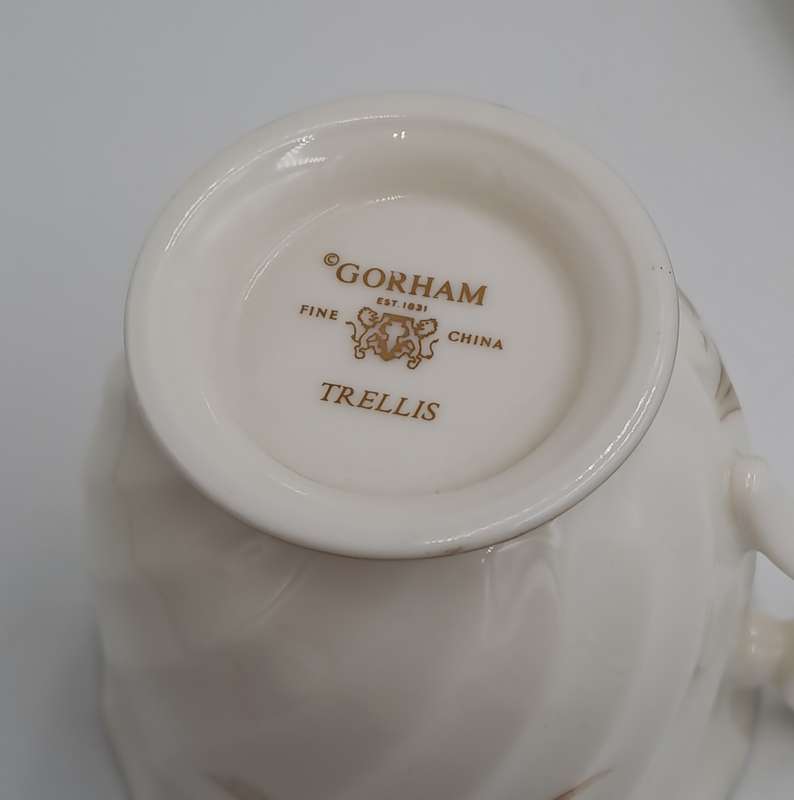 Vintage Gorham TRELLIS Fine China Tea Trio 24kt Gold Hand Banded Japan-Mint -CUP CHIPPED