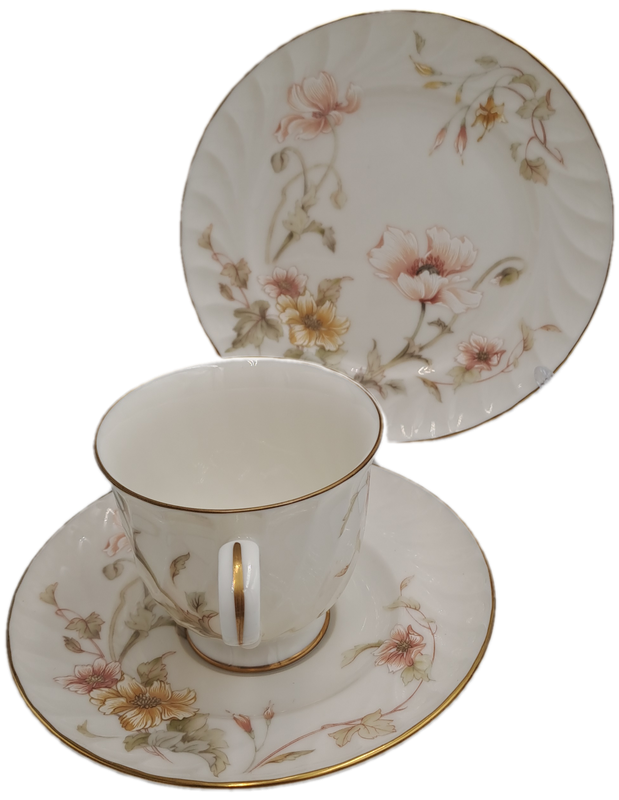 Vintage Gorham TRELLIS Fine China Tea Trio 24kt Gold Hand Banded Japan-Mint -CUP CHIPPED