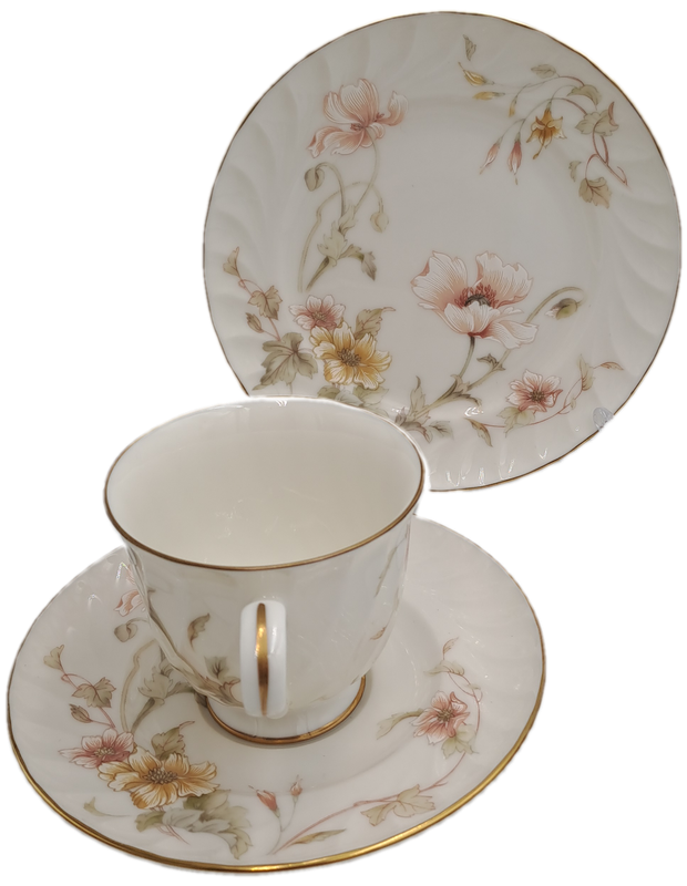 Vintage Gorham TRELLIS Fine China Tea Trio 24kt Gold Hand Banded Japan-Mint -CUP CHIPPED