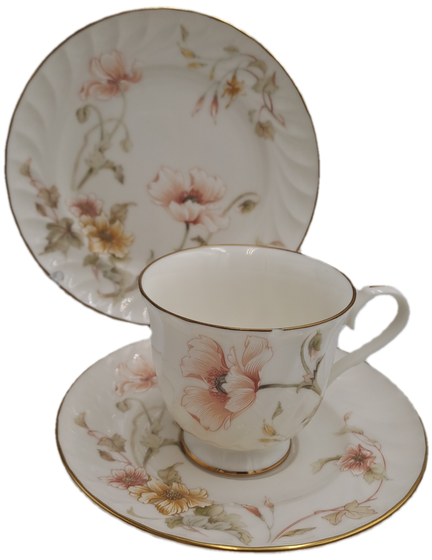 Vintage Gorham TRELLIS Fine China Tea Trio 24kt Gold Hand Banded Japan-Mint -CUP CHIPPED