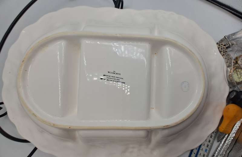 A Large Porcelain Woolworths Oval Serving Platter on Metal Stand Imported from Portugal