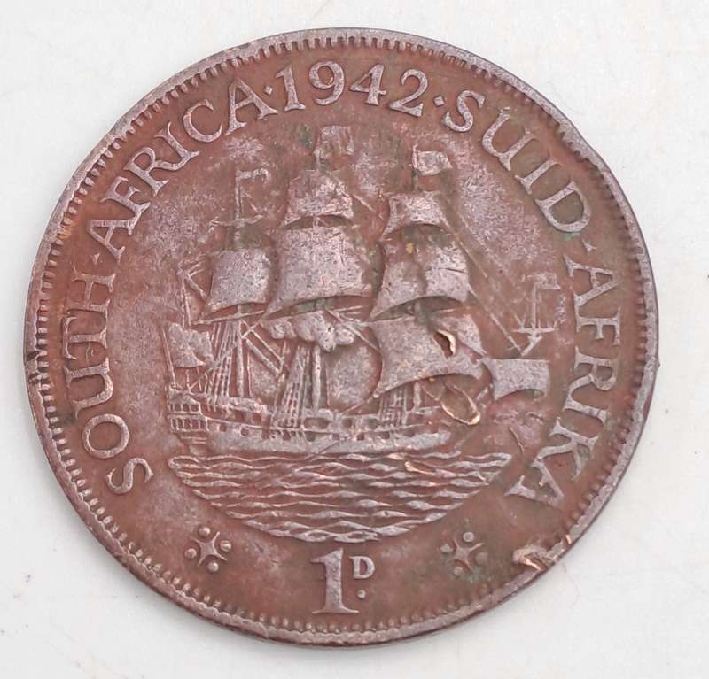 1942  South Africa Union 1 Penny - George VI-Circulated- 14427779 Minted