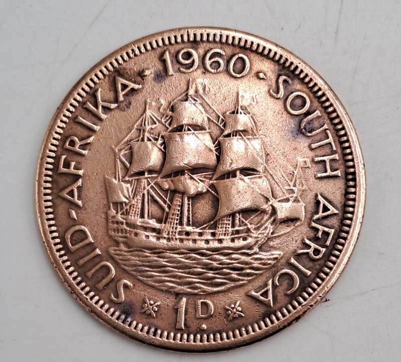 1960 South Africa Union 1 Penny - Elizabeth II 1st portrait-Circulated- 5106269  Minted
