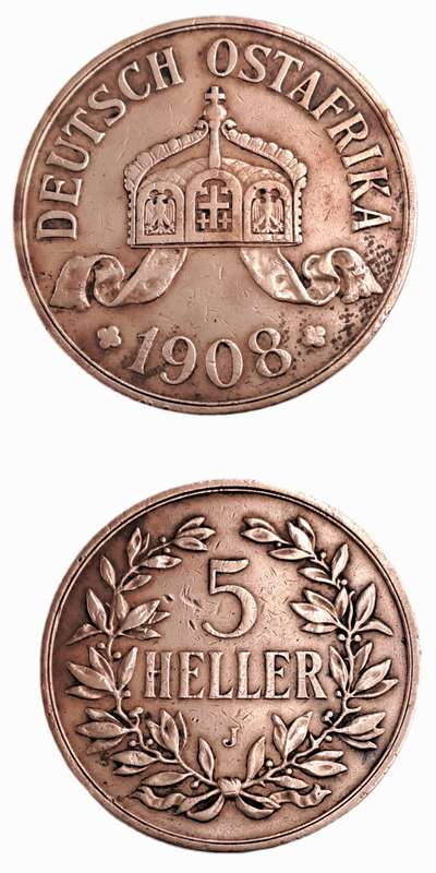 Rare 1908 German East Africa 5 Heller - Wilhelm II-Circulated