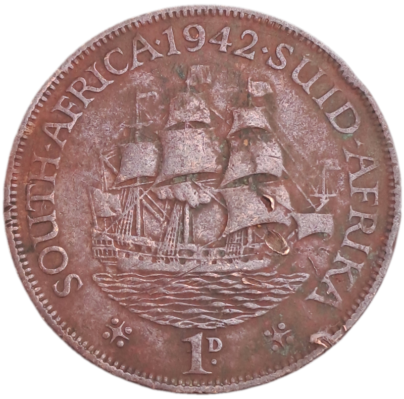 1942  South Africa Union 1 Penny - George VI-Circulated- 14427779 Minted