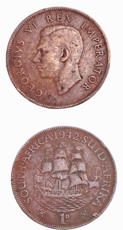 1942  South Africa Union 1 Penny - George VI-Circulated- 14427779 Minted