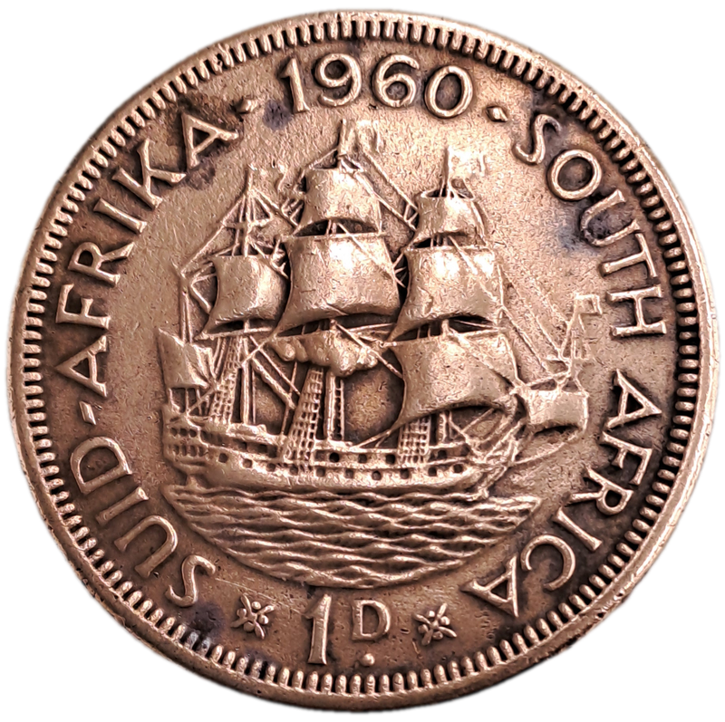 1960 South Africa Union 1 Penny - Elizabeth II 1st portrait-Circulated- 5106269  Minted