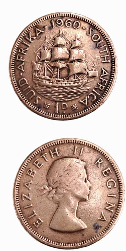 1960 South Africa Union 1 Penny - Elizabeth II 1st portrait-Circulated- 5106269  Minted