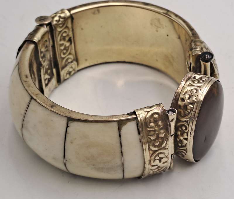 Antique Bovine Bone Bohemian Bangle Bracelet Hinged with Large Oval Brown Stone