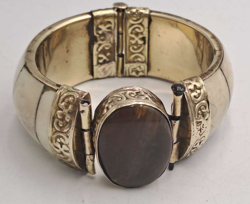 Antique Bovine Bone Bohemian Bangle Bracelet Hinged with Large Oval Brown Stone