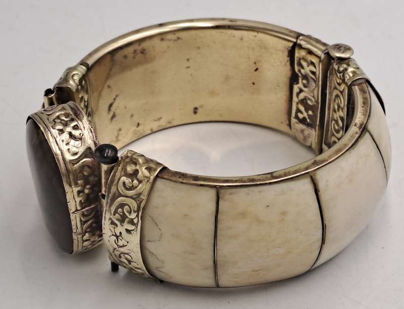 Antique Bovine Bone Bohemian Bangle Bracelet Hinged with Large Oval Brown Stone