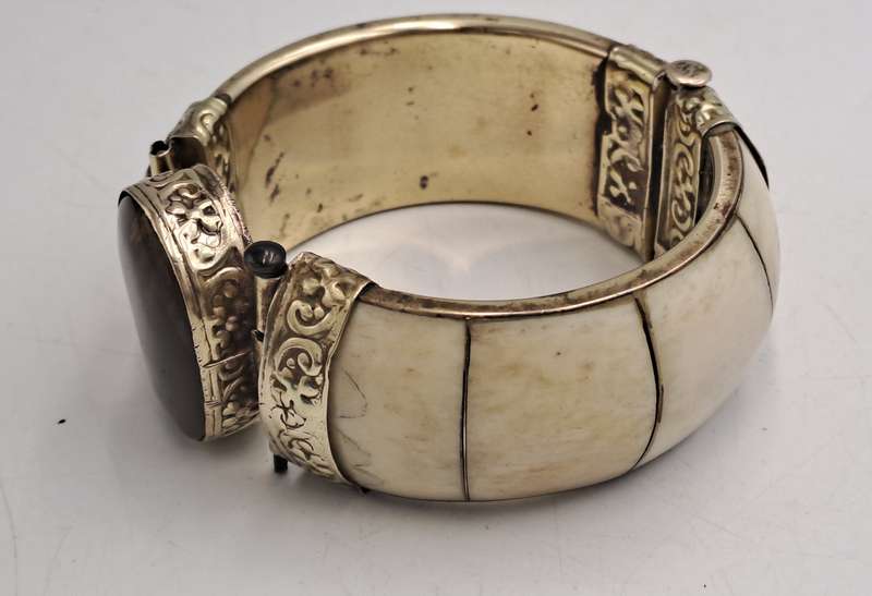 Antique Bovine Bone Bohemian Bangle Bracelet Hinged with Large Oval Brown Stone