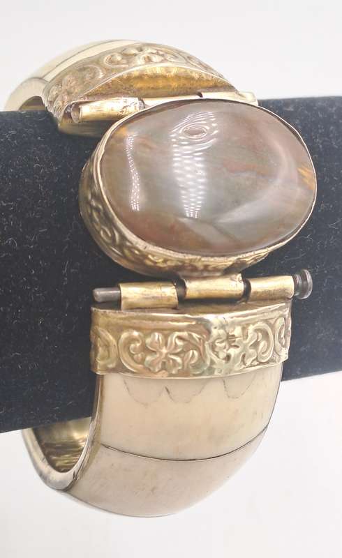 Antique Bovine Bone Bohemian Bangle Bracelet Hinged with Large Oval Brown Stone