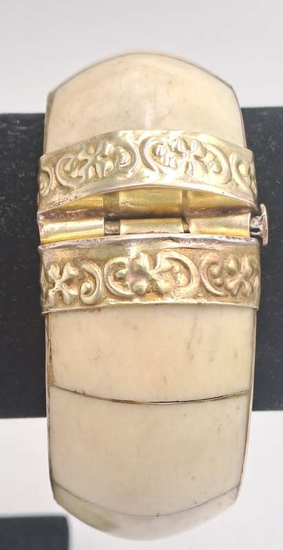 Antique Bovine Bone Bohemian Bangle Bracelet Hinged with Large Oval Brown Stone