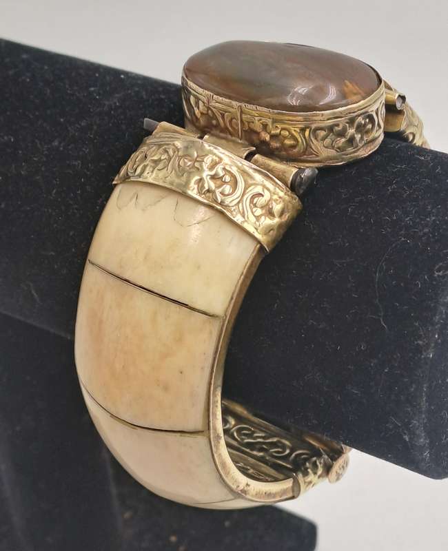 Antique Bovine Bone Bohemian Bangle Bracelet Hinged with Large Oval Brown Stone